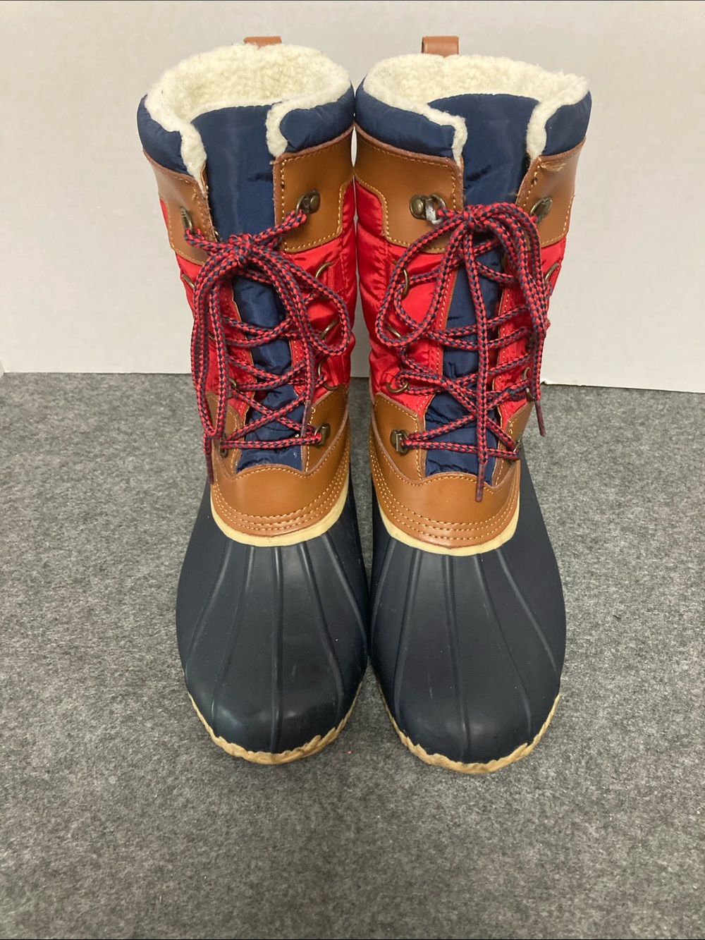 Lands End Faux Sherpa lined lace up winter duck boots women’s 10 red  navy brown
